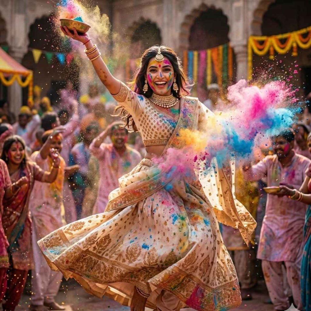 એક્શન હોળી શોટ, વ્યક્તિ ગુલાલ હવામાં ફેંકતો, કલર્સ બર્સ્ટિંગ, ડાયનેમિક પોઝ અને ફેસ્ટિવલ એનર્જી Gemini 2026