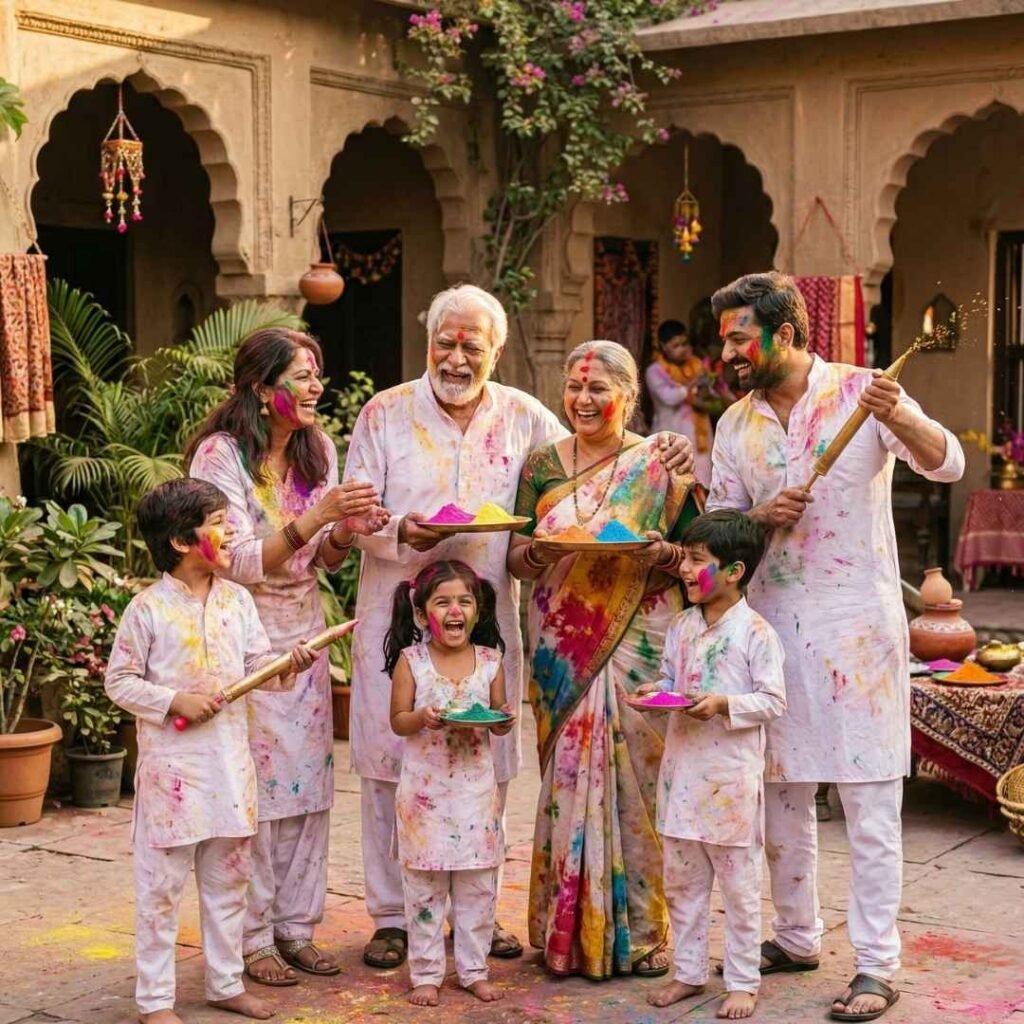 પરિવાર સાથે હોળી ઉજવણી, દાદા-દાદી, માતા-પિતા અને બાળકો સફેદ કપડાંમાં ગુલાલ અને પીચકારી સાથે, Gemini prompt
