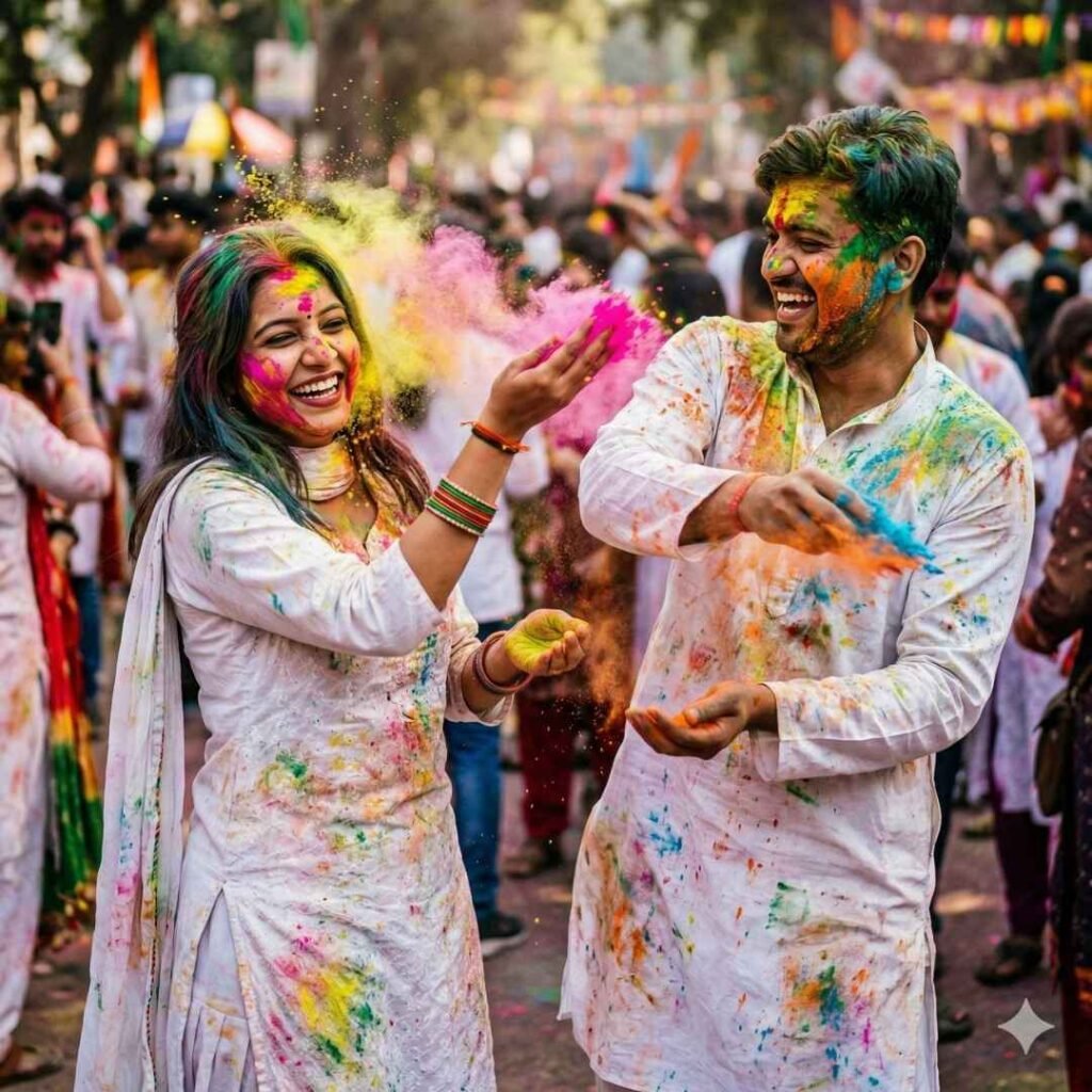 ભારતીય કપલની રોમેન્ટિક હોળી સેલિબ્રેશન, એકબીજા પર રંગ ફેંકતા, વાઇબ્રન્ટ ગુલાલ સાથે Gemini AI 2026