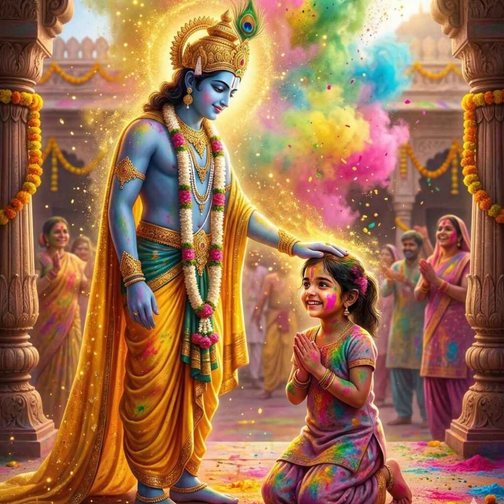 ભગવાન કૃષ્ણ દ્વારા છોકરીને હોળી આશીર્વાદ, કલરફુલ પાઉડર એક્સપ્લોઝન અને ગોલ્ડન ઓરા, Gemini AI holi prompt 2026