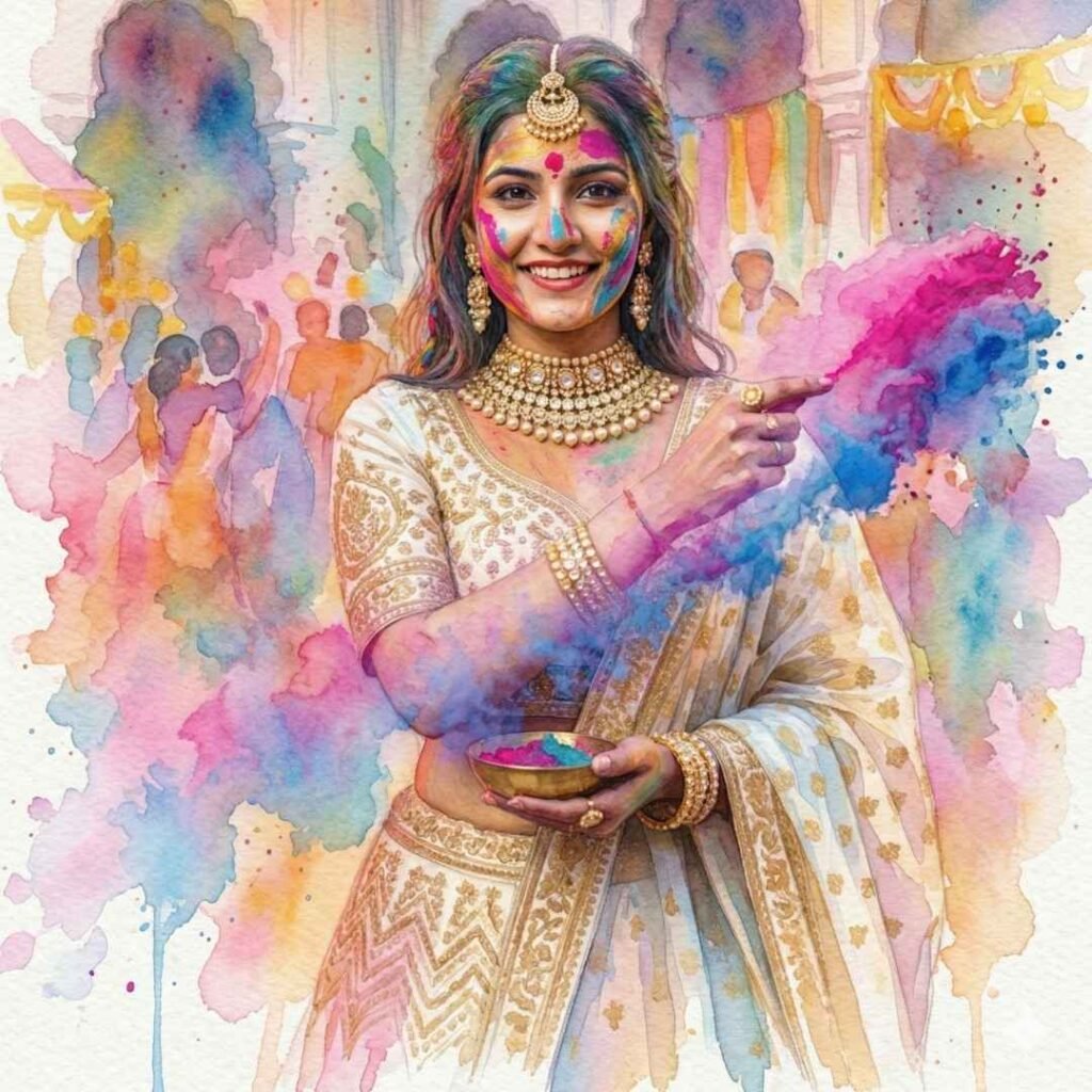 લક્ઝરી હોળી લુક, ડિઝાઇનર એથનિક વેરમાં પ્રીમિયમ ગુલાલ ઇફેક્ટ્સ, મેગેઝિન સ્ટાઇલ Gemini prompt 2026