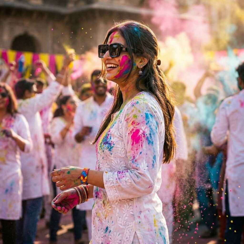 હોળીમાં સ્ટાઇલિશ મહિલાનું સાઇડ પ્રોફાઇલ, બ્લેક સનગ્લાસ અને સફેદ ચિકનકારી કુર્તા પર રંગો, Gemini prompt