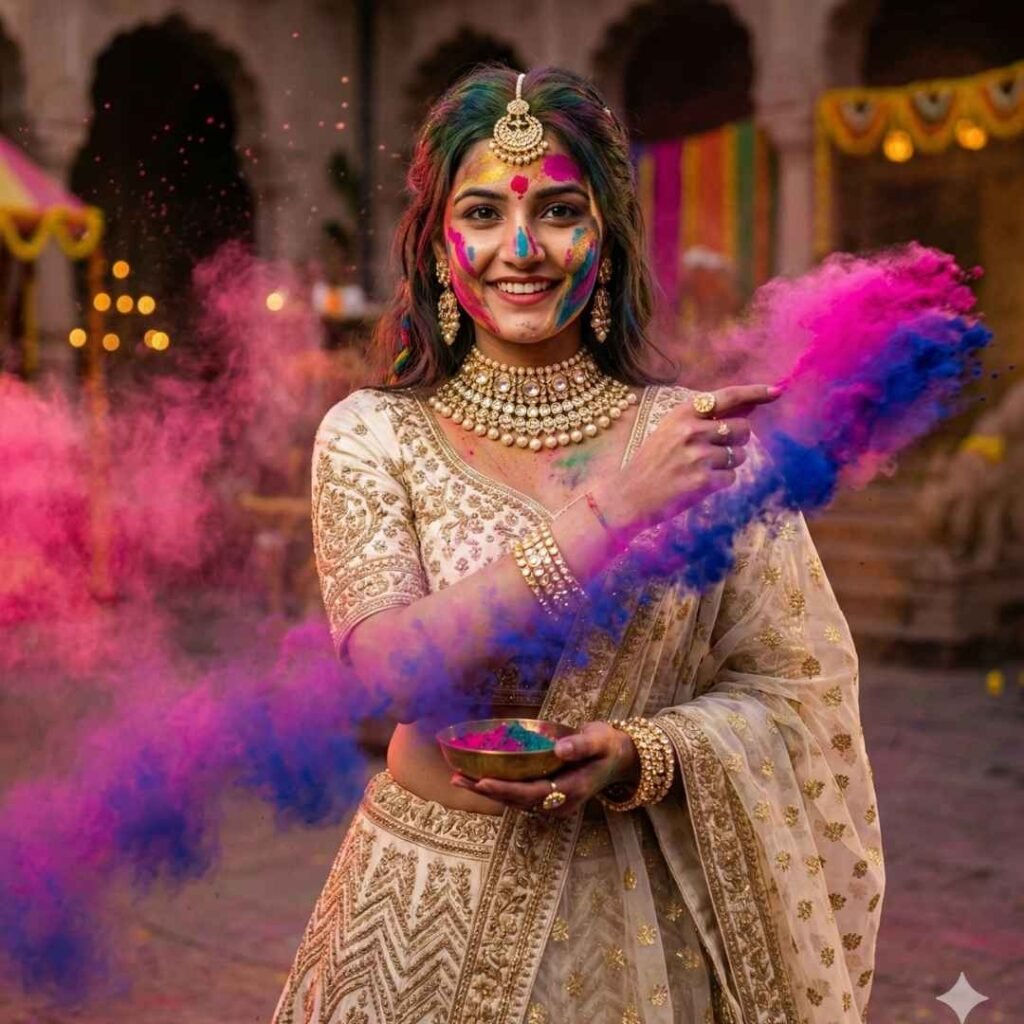 વોટરકલર આર્ટ સ્ટાઇલમાં હોળી ઉજવણી, સોફ્ટ કલર્સ અને ડ્રીમી ઇફેક્ટ સાથે, Gemini AI holi prompt