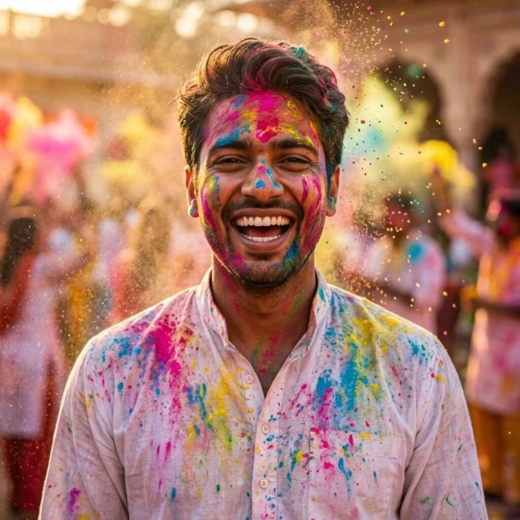 પરિવાર સાથે હોળી ઉજવણી, દાદા-દાદી, માતા-પિતા અને બાળકો સફેદ કપડાંમાં ગુલાલ અને પીચકારી સાથે, Gemini prompt