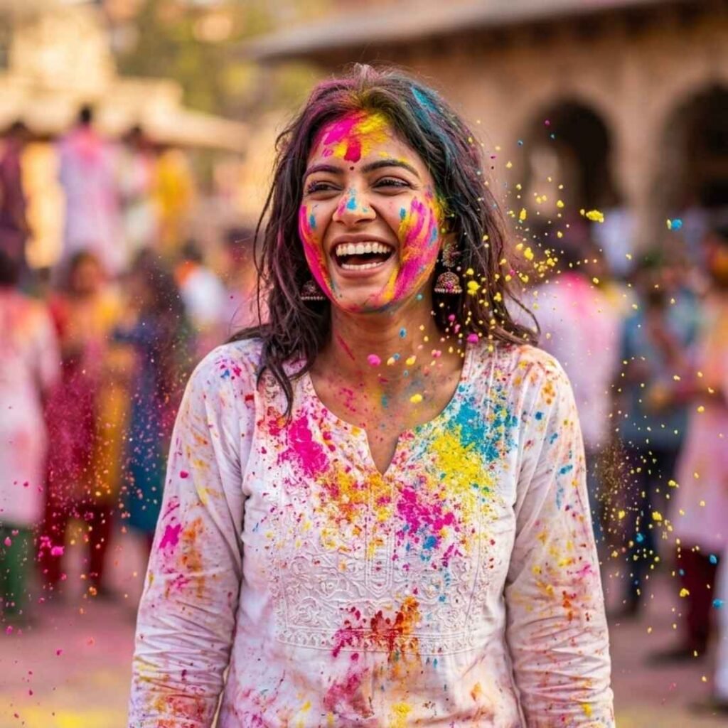 યુવાન મહિલાની વાઇબ્રન્ટ હોળી તસવીર, સફેદ ઔર્થડોક્સ આઉટફિટ પર પિંક-યલો-બ્લુ ગુલાલ, Gemini holi prompt